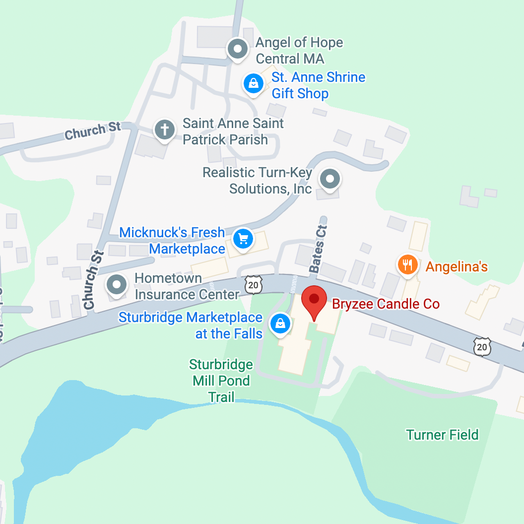 A digital map showing the location of Bryzee Candle Co with a red pin marker, surrounded by nearby landmarks such as St. Anne Shrine, Hometown Insurance Center, and Sturbridge Marketplace.